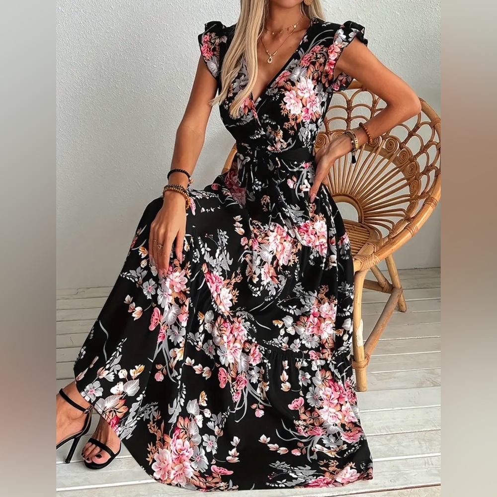 Floral Black Maxi Dress Ruffle Sleeves and Tie Waist size large